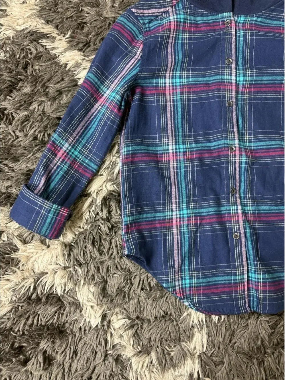 SO Goods For Life Plaid Flannel Shirt Girls Size Small 7 Blue Hooded Button Up